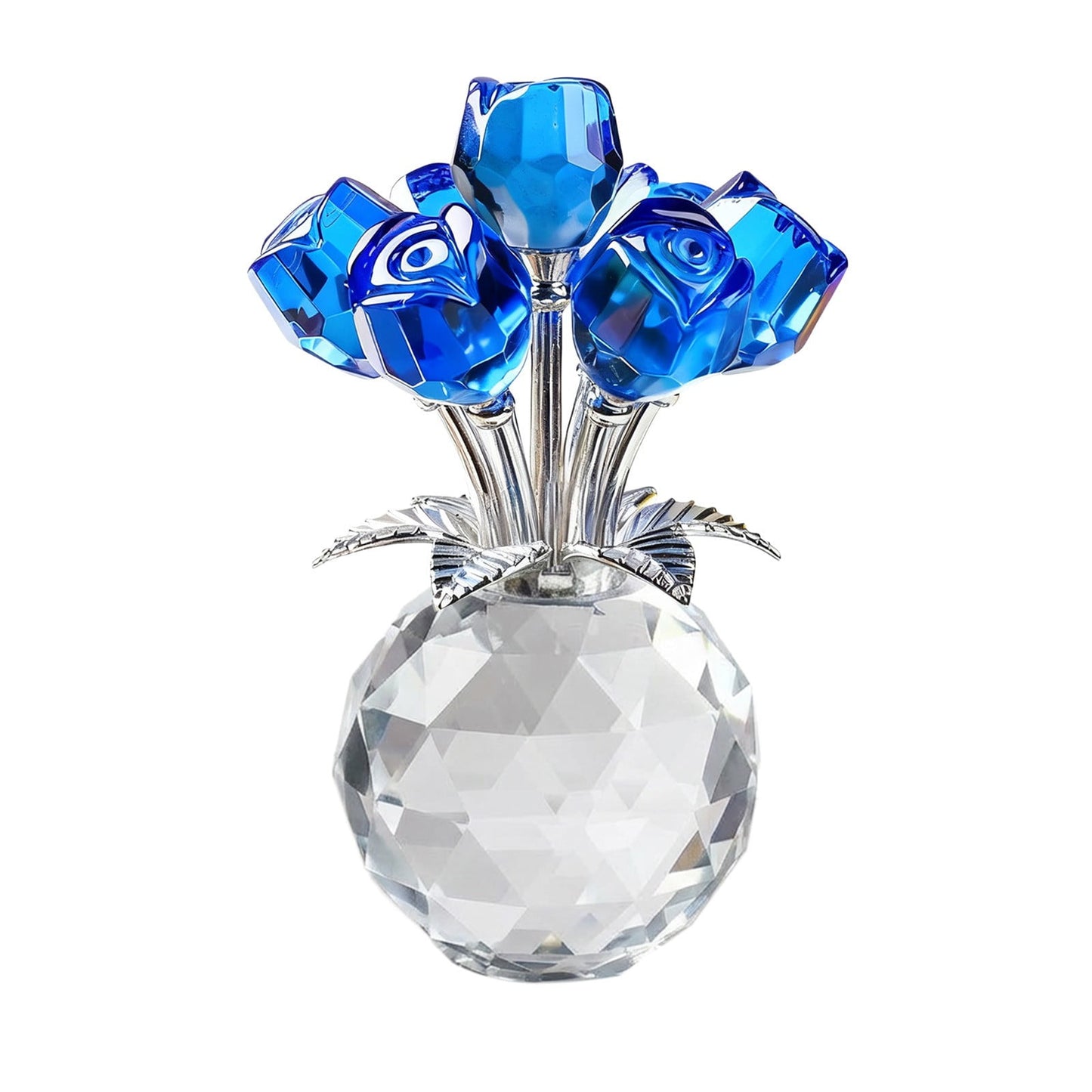 Clear Roses Bouquet Figurines, Glass Rose Flowers with Round Vase, Transparent Bouquet for Home Birthday Party Wedding Valentines Day Mother's Day Blue