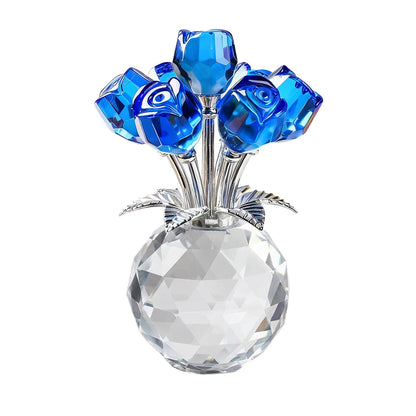 Clear Roses Bouquet Figurines, Glass Rose Flowers with Round Vase, Transparent Bouquet for Home Birthday Party Wedding Valentines Day Mother's Day Blue