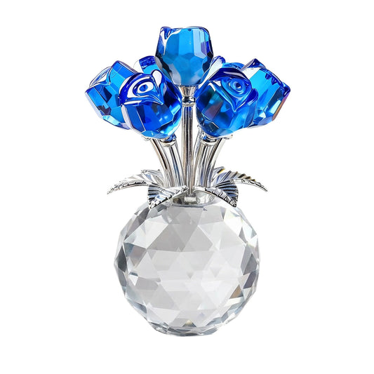 Clear Roses Bouquet Figurines, Glass Rose Flowers with Round Vase, Transparent Bouquet for Home Birthday Party Wedding Valentines Day Mother's Day Blue