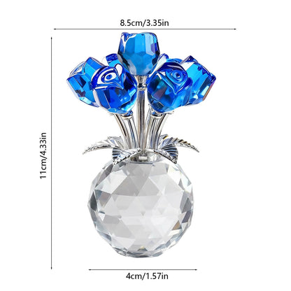 Clear Roses Bouquet Figurines, Glass Rose Flowers with Round Vase, Transparent Bouquet for Home Birthday Party Wedding Valentines Day Mother's Day Blue
