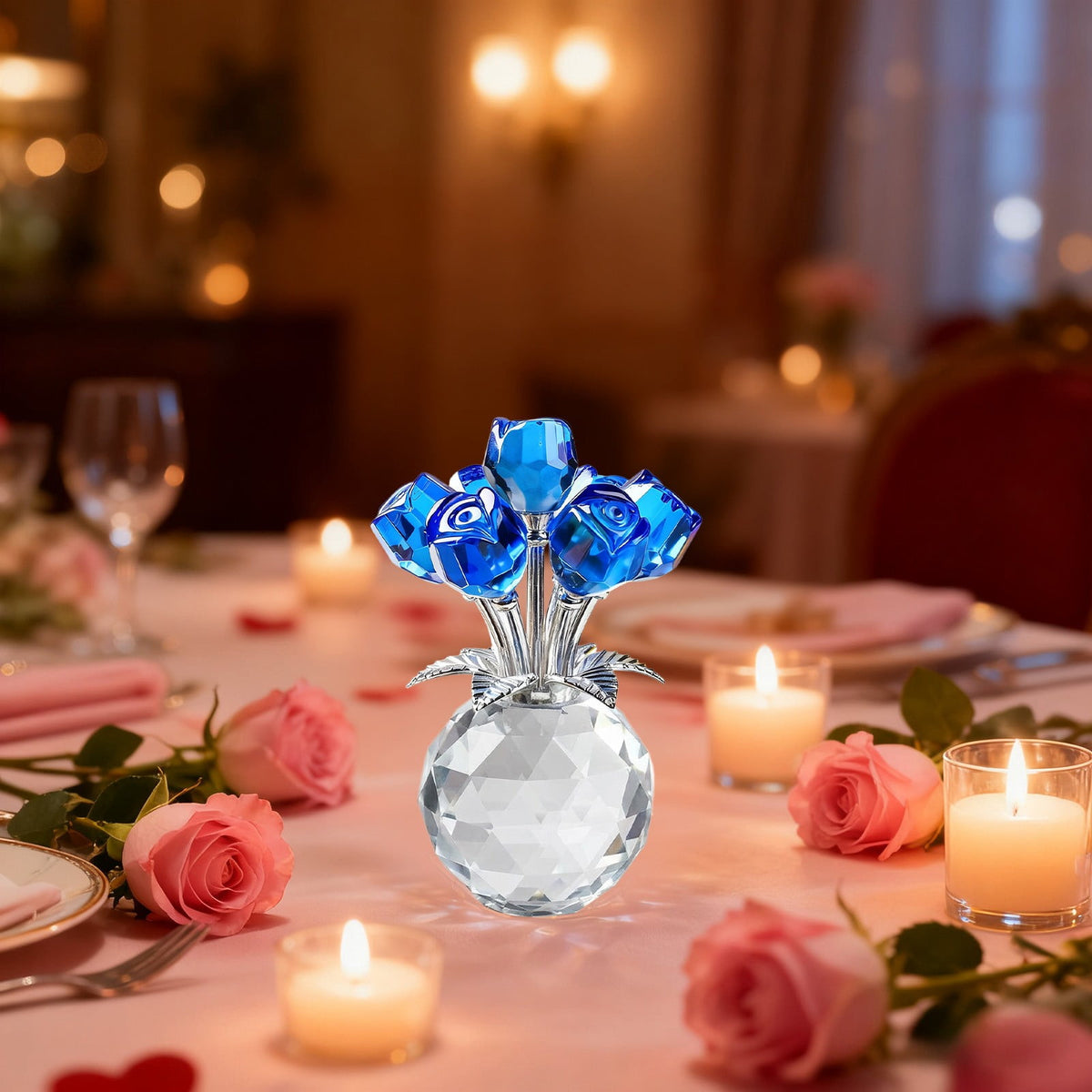 Clear Roses Bouquet Figurines, Glass Rose Flowers with Round Vase, Transparent Bouquet for Home Birthday Party Wedding Valentines Day Mother's Day Blue