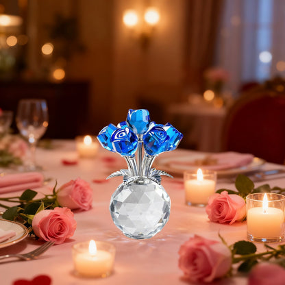 Clear Roses Bouquet Figurines, Glass Rose Flowers with Round Vase, Transparent Bouquet for Home Birthday Party Wedding Valentines Day Mother's Day Blue