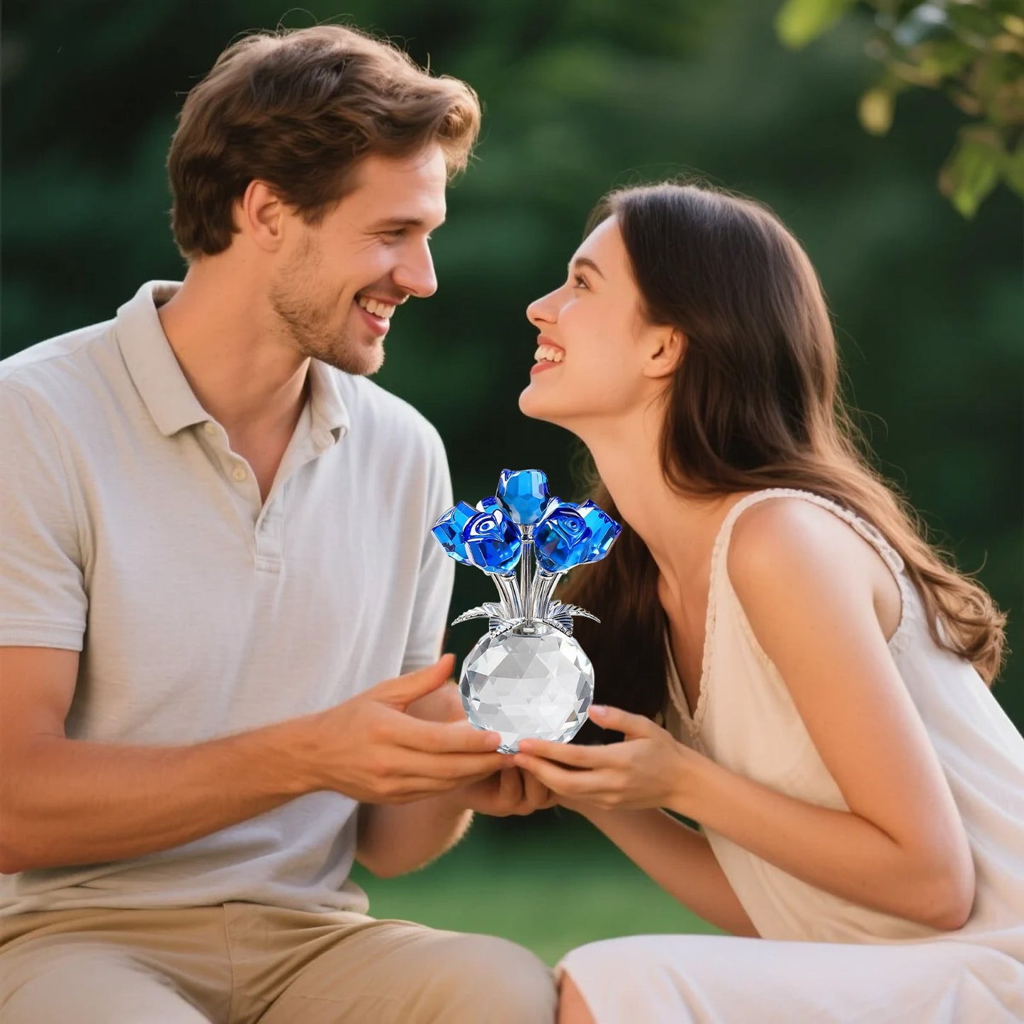 Clear Roses Bouquet Figurines, Glass Rose Flowers with Round Vase, Transparent Bouquet for Home Birthday Party Wedding Valentines Day Mother's Day Blue
