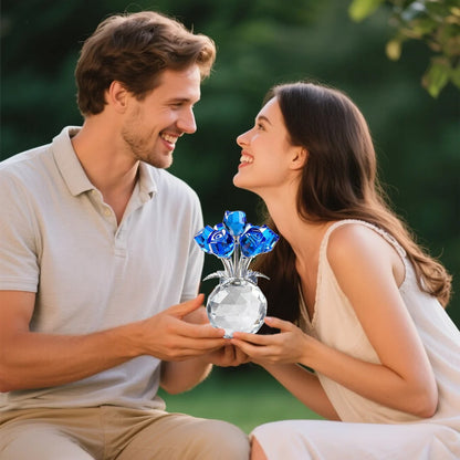 Clear Roses Bouquet Figurines, Glass Rose Flowers with Round Vase, Transparent Bouquet for Home Birthday Party Wedding Valentines Day Mother's Day Blue