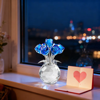 Clear Roses Bouquet Figurines, Glass Rose Flowers with Round Vase, Transparent Bouquet for Home Birthday Party Wedding Valentines Day Mother's Day Blue