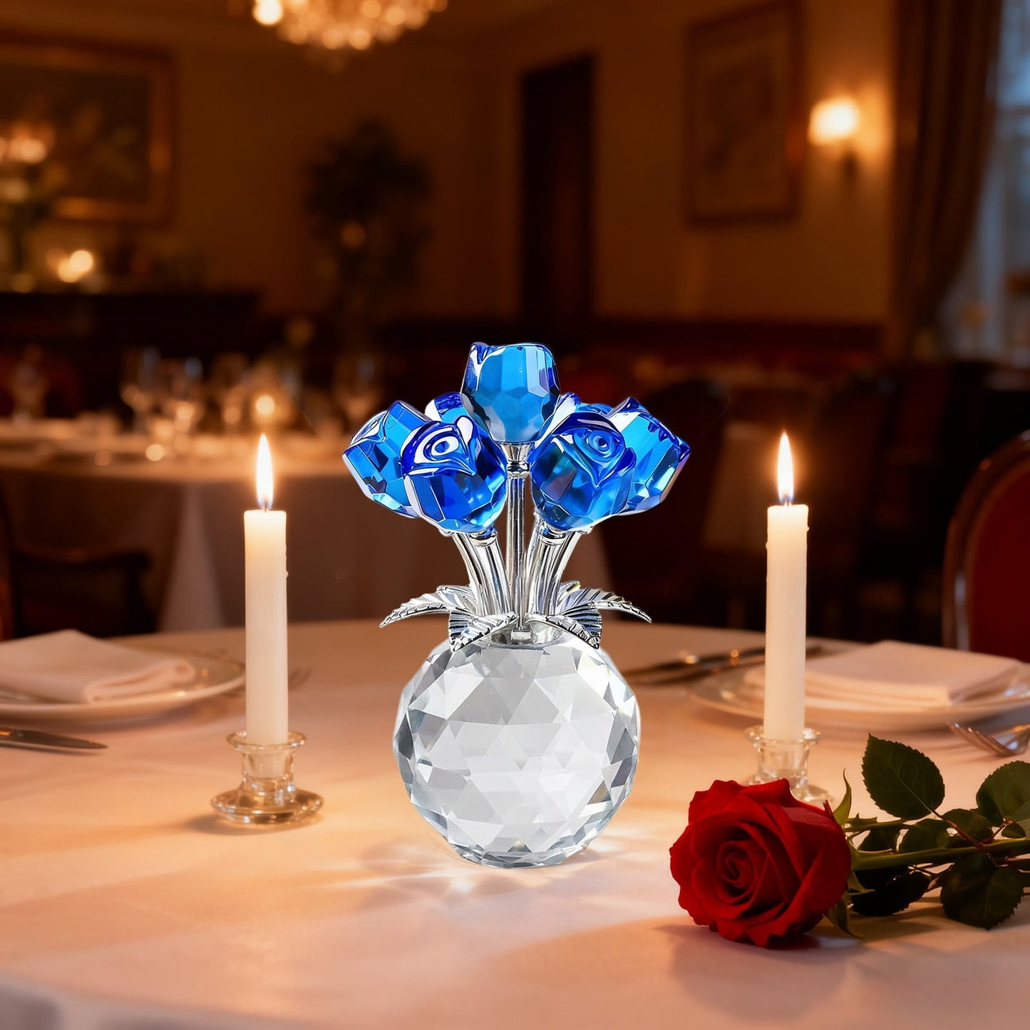Clear Roses Bouquet Figurines, Glass Rose Flowers with Round Vase, Transparent Bouquet for Home Birthday Party Wedding Valentines Day Mother's Day Blue