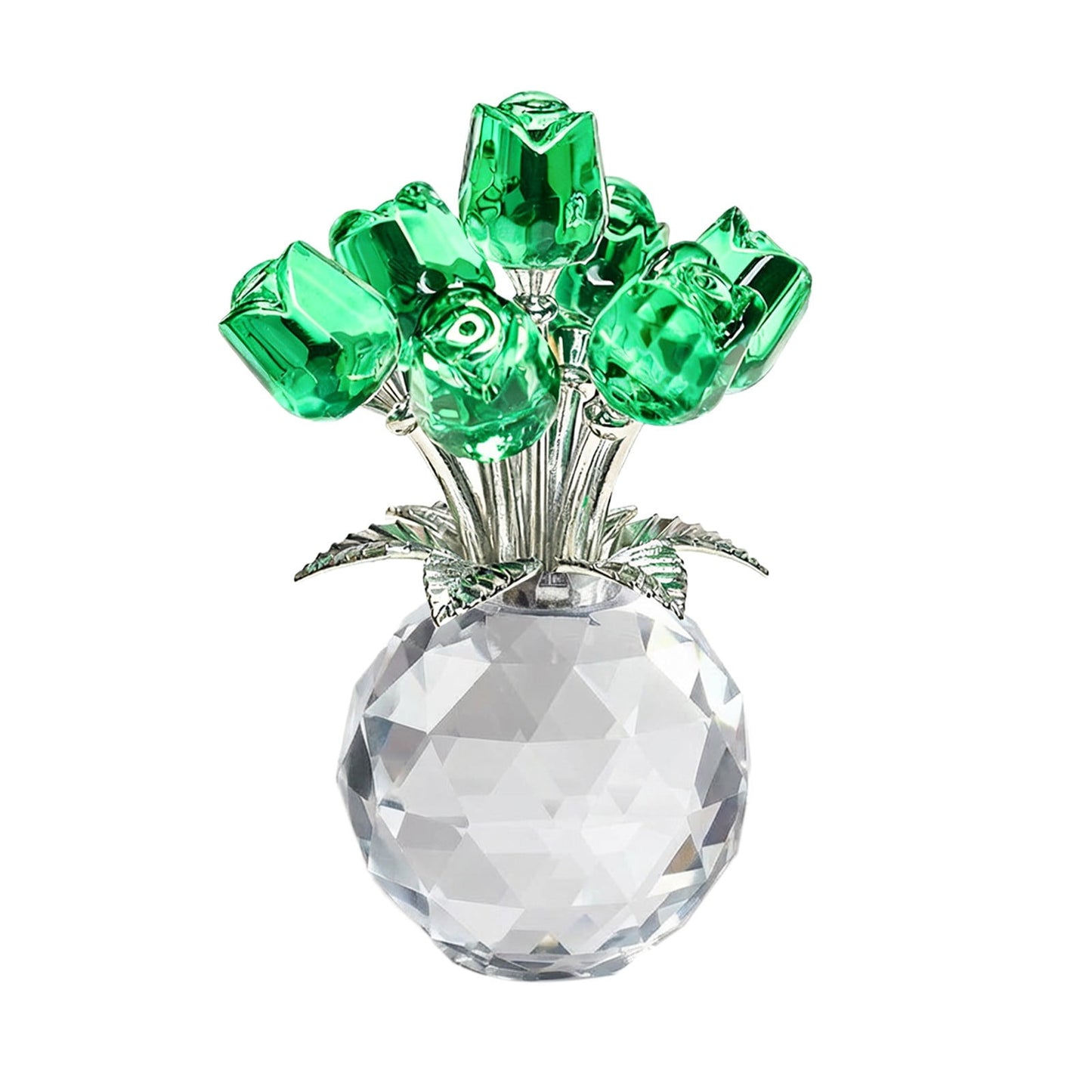 Clear Roses Bouquet Figurines, Glass Rose Flowers with Round Vase, Transparent Bouquet for Home Birthday Party Wedding Valentines Day Mother's Day Green