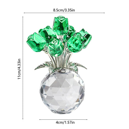 Clear Roses Bouquet Figurines, Glass Rose Flowers with Round Vase, Transparent Bouquet for Home Birthday Party Wedding Valentines Day Mother's Day Green