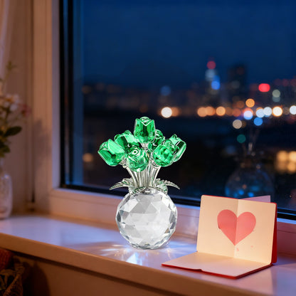 Clear Roses Bouquet Figurines, Glass Rose Flowers with Round Vase, Transparent Bouquet for Home Birthday Party Wedding Valentines Day Mother's Day Green