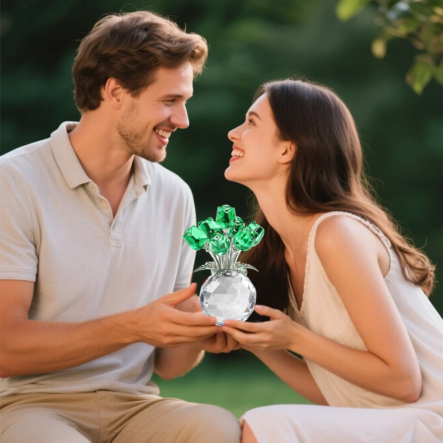Clear Roses Bouquet Figurines, Glass Rose Flowers with Round Vase, Transparent Bouquet for Home Birthday Party Wedding Valentines Day Mother's Day Green