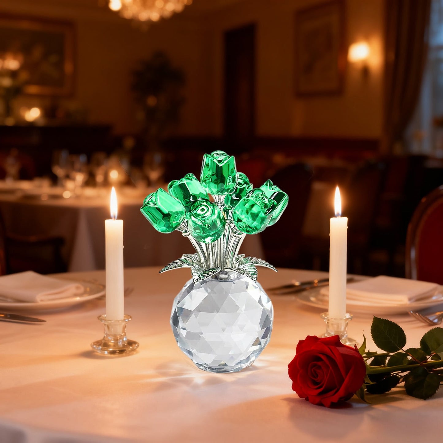 Clear Roses Bouquet Figurines, Glass Rose Flowers with Round Vase, Transparent Bouquet for Home Birthday Party Wedding Valentines Day Mother's Day Green