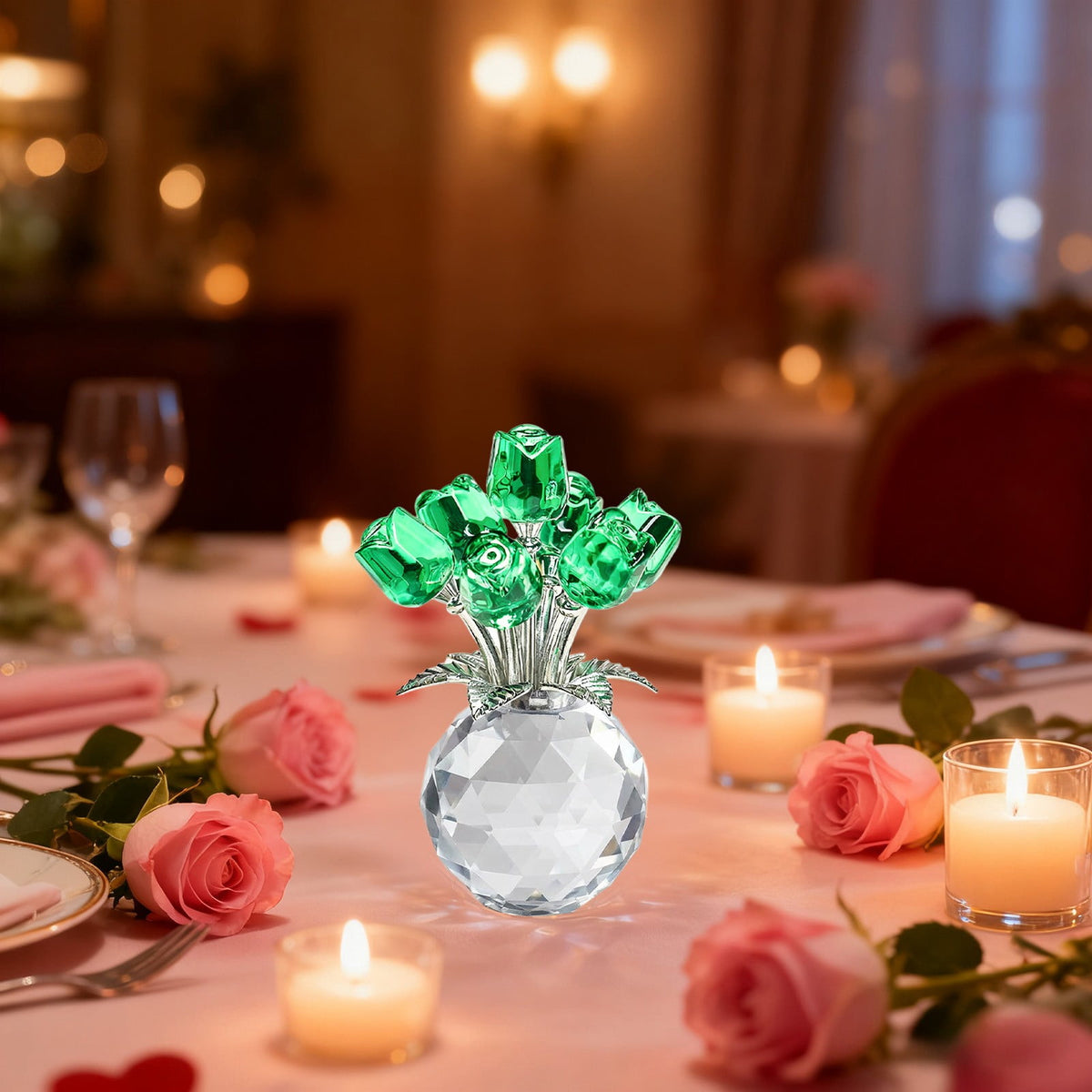 Clear Roses Bouquet Figurines, Glass Rose Flowers with Round Vase, Transparent Bouquet for Home Birthday Party Wedding Valentines Day Mother's Day Green