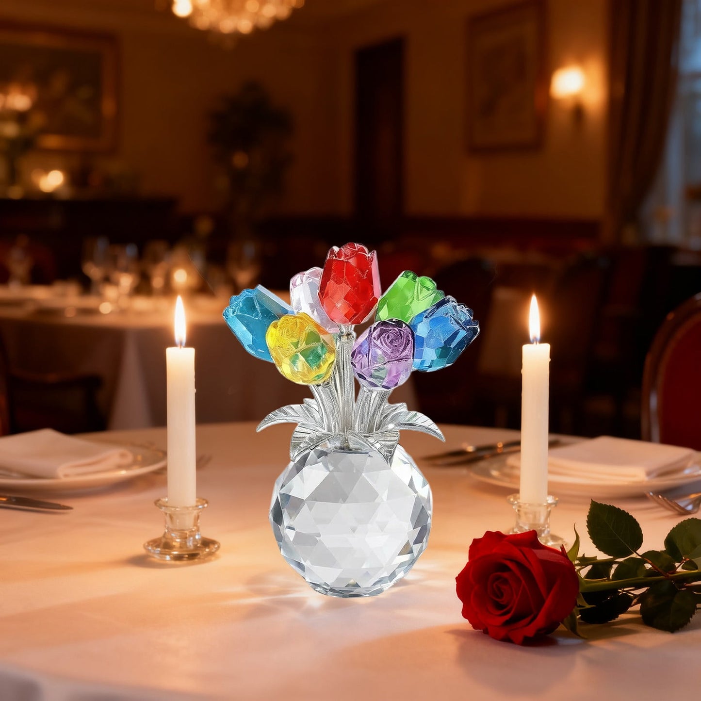 Clear Roses Bouquet Figurines, Glass Rose Flowers with Round Vase, Transparent Bouquet for Home Birthday Party Wedding Valentines Day Mother's Day Multicolor