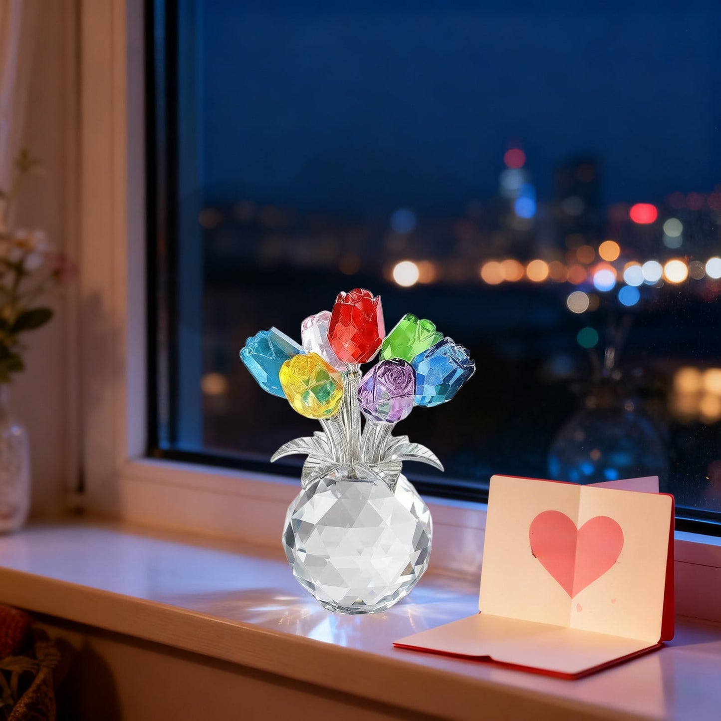 Clear Roses Bouquet Figurines, Glass Rose Flowers with Round Vase, Transparent Bouquet for Home Birthday Party Wedding Valentines Day Mother's Day Multicolor