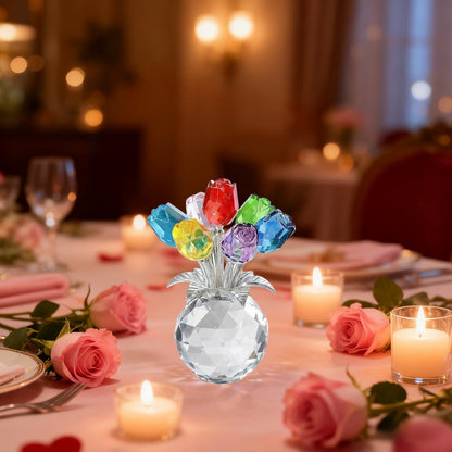 Clear Roses Bouquet Figurines, Glass Rose Flowers with Round Vase, Transparent Bouquet for Home Birthday Party Wedding Valentines Day Mother's Day Multicolor