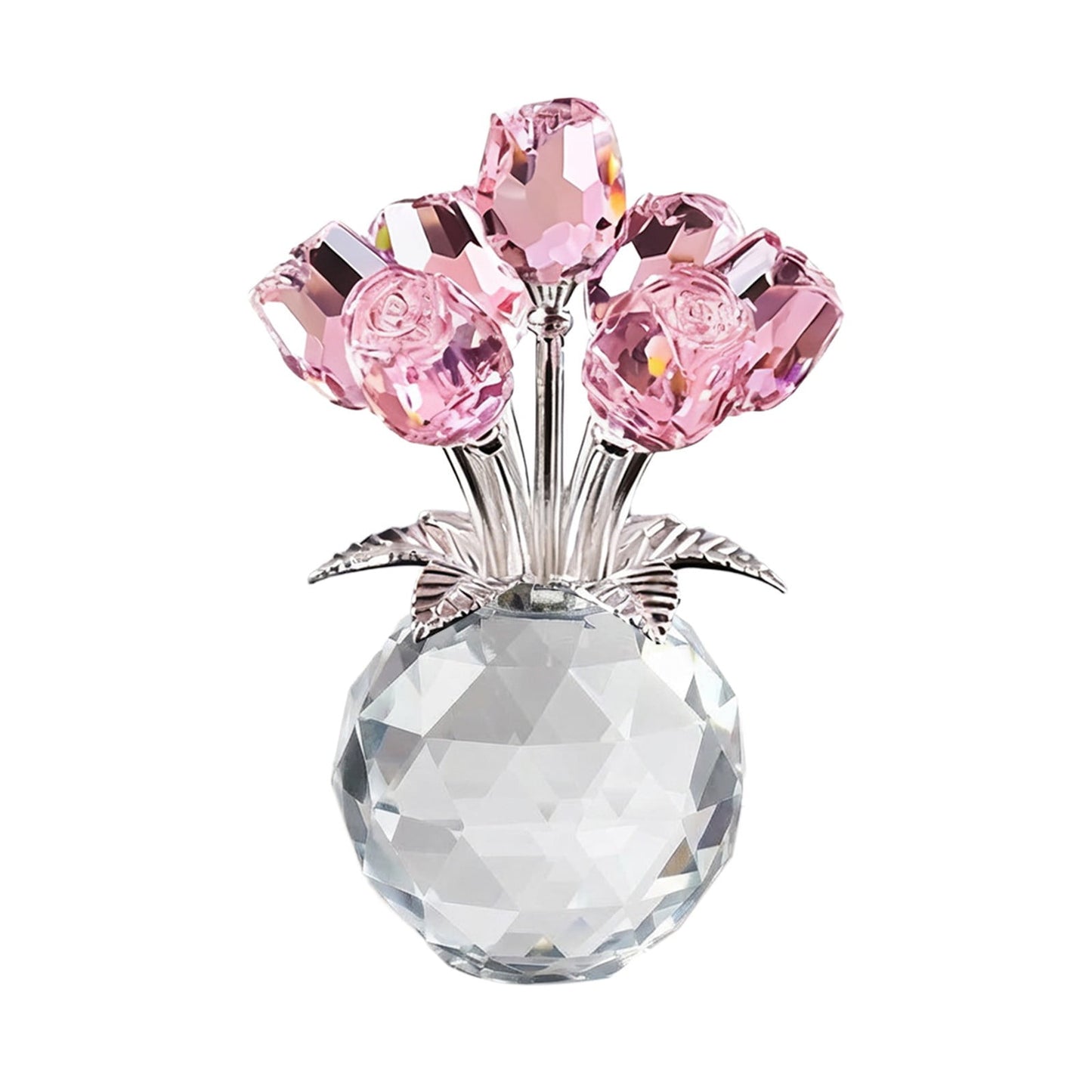 Clear Roses Bouquet Figurines, Glass Rose Flowers with Round Vase, Transparent Bouquet for Home Birthday Party Wedding Valentines Day Mother's Day Pink
