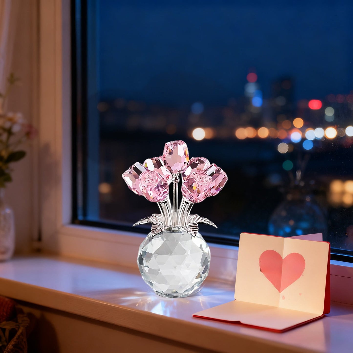 Clear Roses Bouquet Figurines, Glass Rose Flowers with Round Vase, Transparent Bouquet for Home Birthday Party Wedding Valentines Day Mother's Day Pink