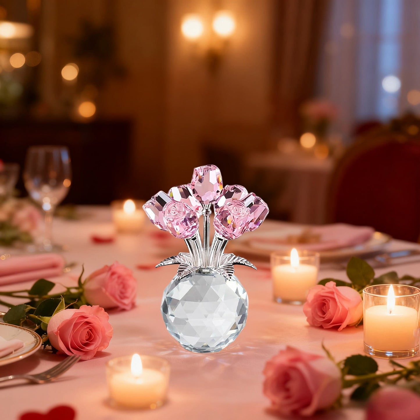Clear Roses Bouquet Figurines, Glass Rose Flowers with Round Vase, Transparent Bouquet for Home Birthday Party Wedding Valentines Day Mother's Day Pink
