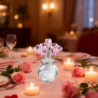 Clear Roses Bouquet Figurines, Glass Rose Flowers with Round Vase, Transparent Bouquet for Home Birthday Party Wedding Valentines Day Mother's Day Pink