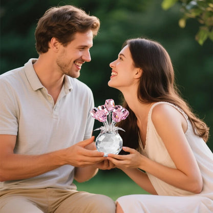 Clear Roses Bouquet Figurines, Glass Rose Flowers with Round Vase, Transparent Bouquet for Home Birthday Party Wedding Valentines Day Mother's Day Pink