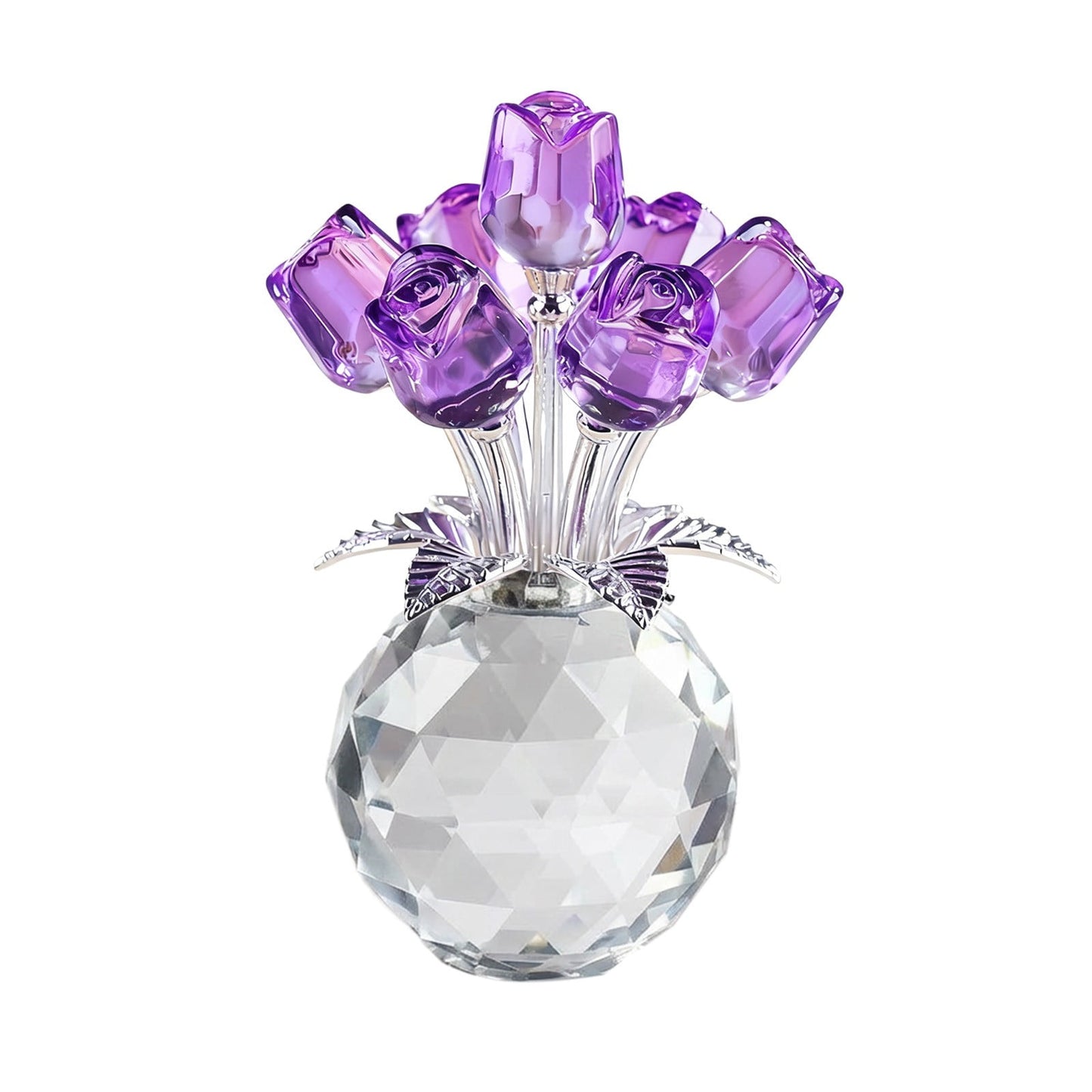 Clear Roses Bouquet Figurines, Glass Rose Flowers with Round Vase, Transparent Bouquet for Home Birthday Party Wedding Valentines Day Mother's Day Purple