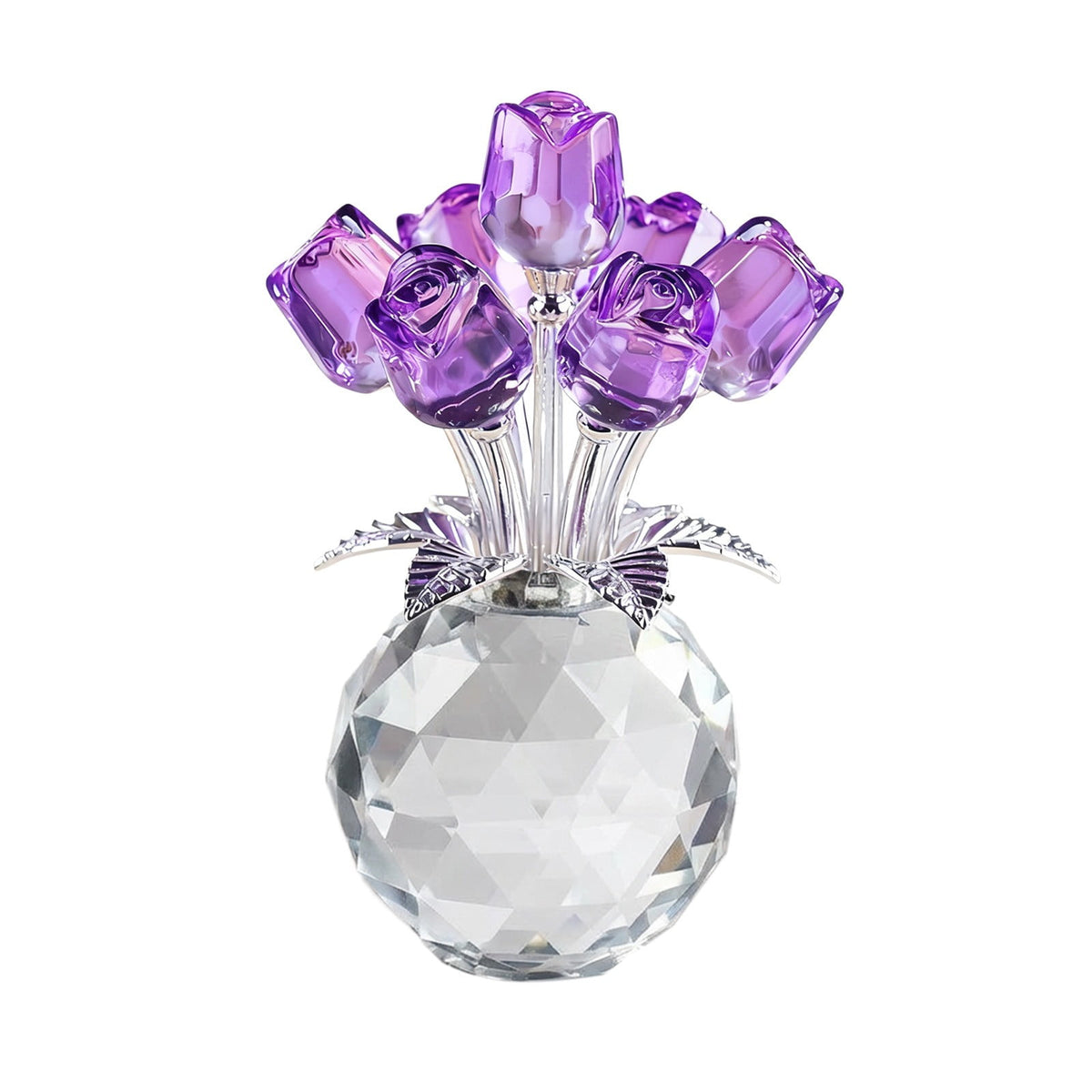 Clear Roses Bouquet Figurines, Glass Rose Flowers with Round Vase, Transparent Bouquet for Home Birthday Party Wedding Valentines Day Mother's Day Purple