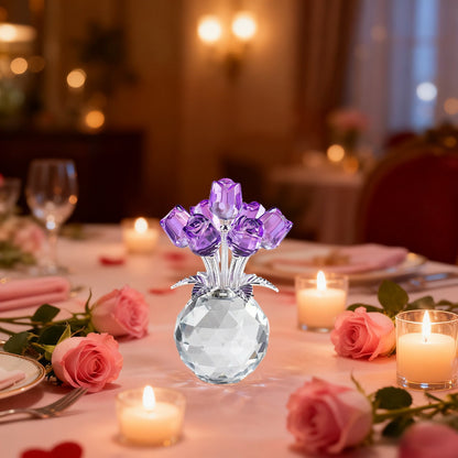 Clear Roses Bouquet Figurines, Glass Rose Flowers with Round Vase, Transparent Bouquet for Home Birthday Party Wedding Valentines Day Mother's Day Purple