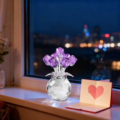 Clear Roses Bouquet Figurines, Glass Rose Flowers with Round Vase, Transparent Bouquet for Home Birthday Party Wedding Valentines Day Mother's Day Purple