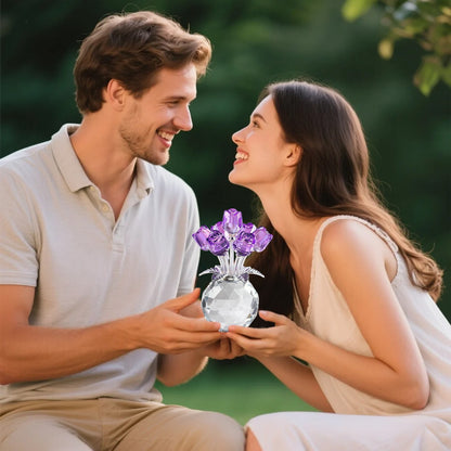 Clear Roses Bouquet Figurines, Glass Rose Flowers with Round Vase, Transparent Bouquet for Home Birthday Party Wedding Valentines Day Mother's Day Purple