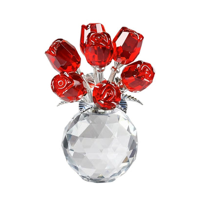 Clear Roses Bouquet Figurines, Glass Rose Flowers with Round Vase, Transparent Bouquet for Home Birthday Party Wedding Valentines Day Mother's Day Red