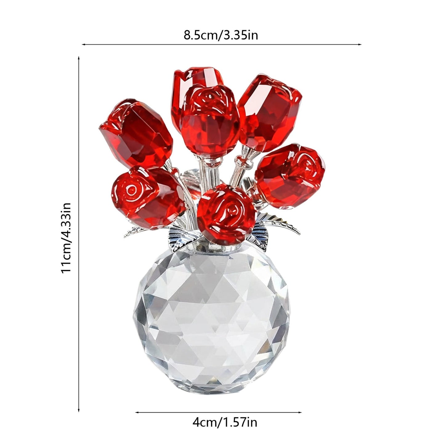 Clear Roses Bouquet Figurines, Glass Rose Flowers with Round Vase, Transparent Bouquet for Home Birthday Party Wedding Valentines Day Mother's Day Red