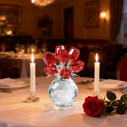 Clear Roses Bouquet Figurines, Glass Rose Flowers with Round Vase, Transparent Bouquet for Home Birthday Party Wedding Valentines Day Mother's Day Red