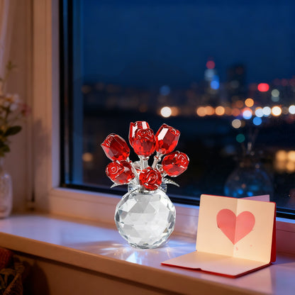 Clear Roses Bouquet Figurines, Glass Rose Flowers with Round Vase, Transparent Bouquet for Home Birthday Party Wedding Valentines Day Mother's Day Red