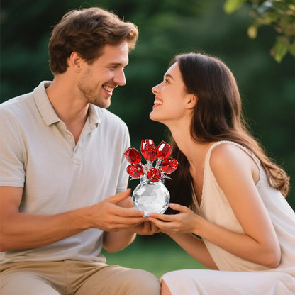 Clear Roses Bouquet Figurines, Glass Rose Flowers with Round Vase, Transparent Bouquet for Home Birthday Party Wedding Valentines Day Mother's Day Red