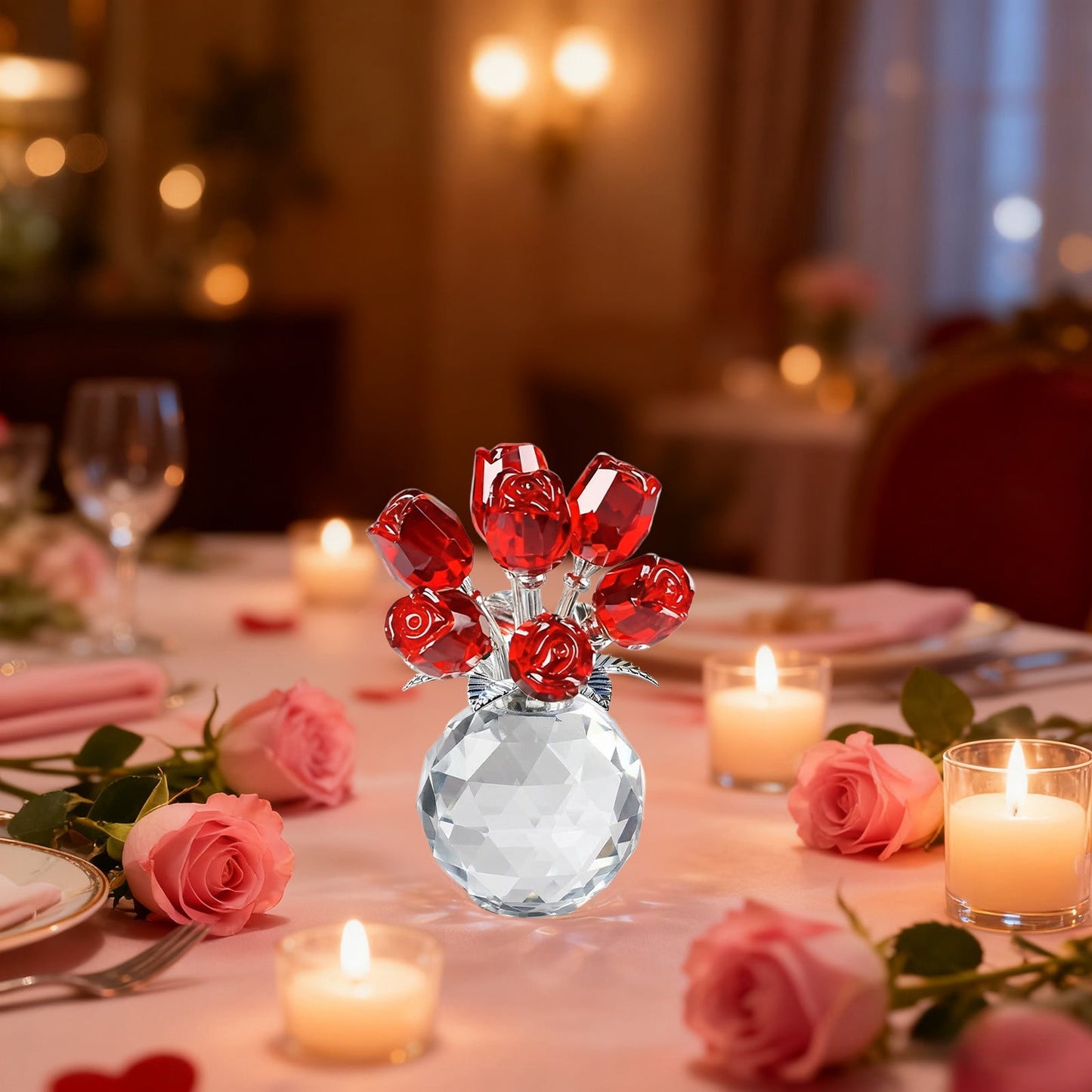 Clear Roses Bouquet Figurines, Glass Rose Flowers with Round Vase, Transparent Bouquet for Home Birthday Party Wedding Valentines Day Mother's Day Red