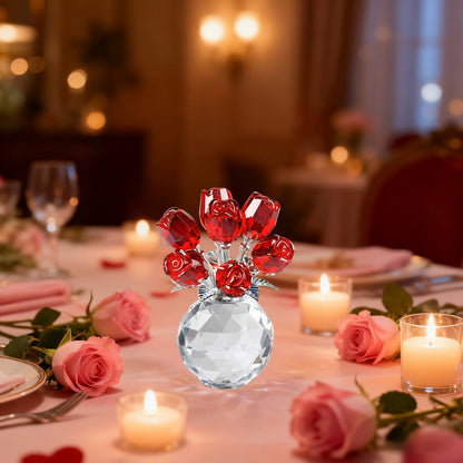 Clear Roses Bouquet Figurines, Glass Rose Flowers with Round Vase, Transparent Bouquet for Home Birthday Party Wedding Valentines Day Mother's Day Red