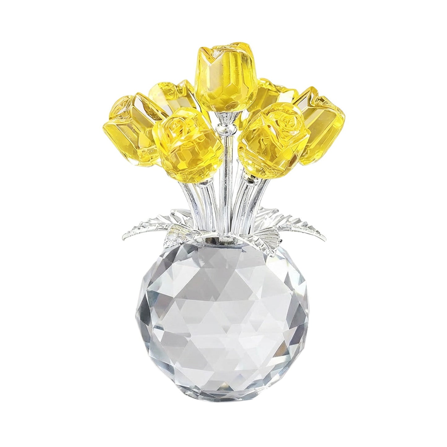 Clear Roses Bouquet Figurines, Glass Rose Flowers with Round Vase, Transparent Bouquet for Home Birthday Party Wedding Valentines Day Mother's Day Yellow