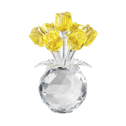 Clear Roses Bouquet Figurines, Glass Rose Flowers with Round Vase, Transparent Bouquet for Home Birthday Party Wedding Valentines Day Mother's Day Yellow