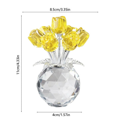 Clear Roses Bouquet Figurines, Glass Rose Flowers with Round Vase, Transparent Bouquet for Home Birthday Party Wedding Valentines Day Mother's Day Yellow