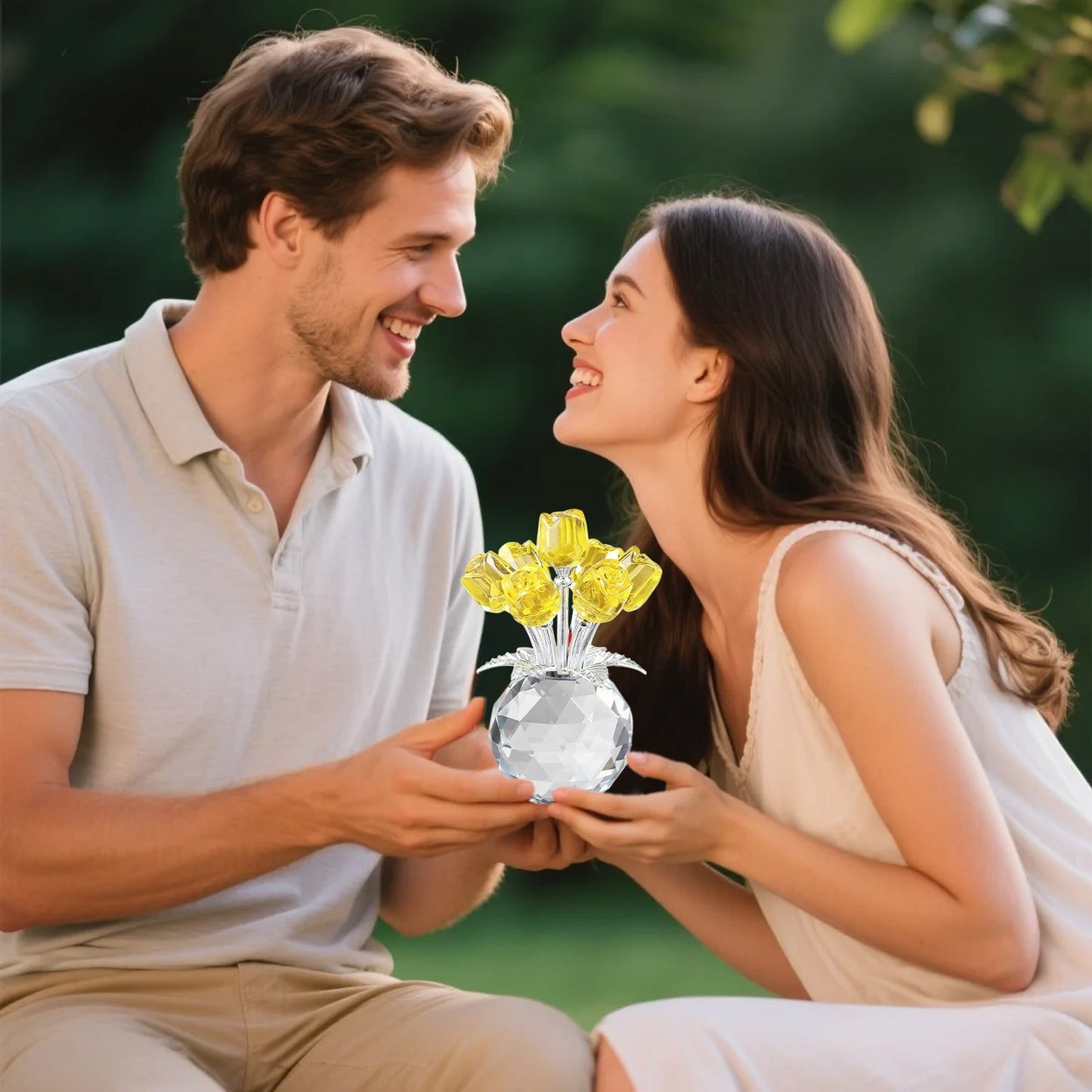 Clear Roses Bouquet Figurines, Glass Rose Flowers with Round Vase, Transparent Bouquet for Home Birthday Party Wedding Valentines Day Mother's Day Yellow