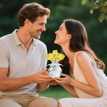 Clear Roses Bouquet Figurines, Glass Rose Flowers with Round Vase, Transparent Bouquet for Home Birthday Party Wedding Valentines Day Mother's Day Yellow