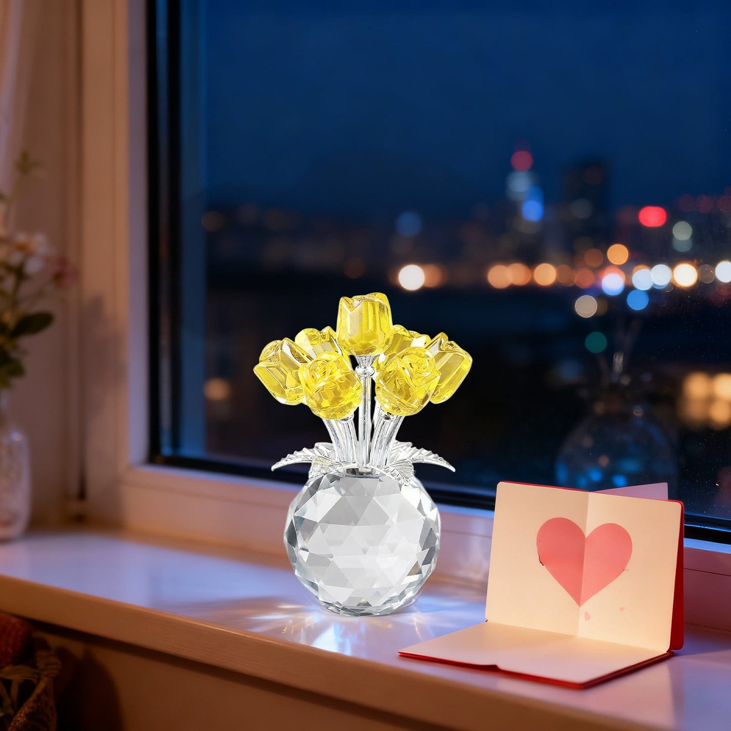 Clear Roses Bouquet Figurines, Glass Rose Flowers with Round Vase, Transparent Bouquet for Home Birthday Party Wedding Valentines Day Mother's Day Yellow