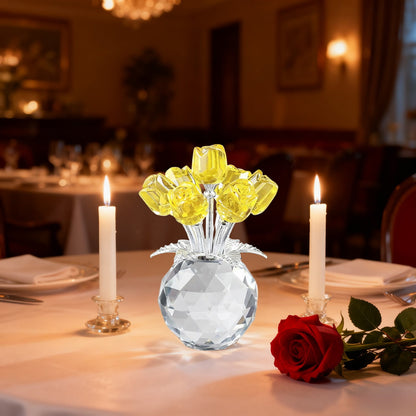 Clear Roses Bouquet Figurines, Glass Rose Flowers with Round Vase, Transparent Bouquet for Home Birthday Party Wedding Valentines Day Mother's Day Yellow