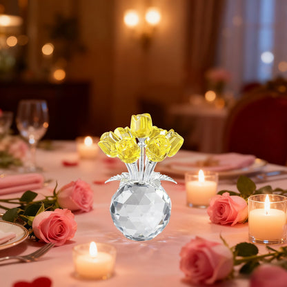 Clear Roses Bouquet Figurines, Glass Rose Flowers with Round Vase, Transparent Bouquet for Home Birthday Party Wedding Valentines Day Mother's Day Yellow