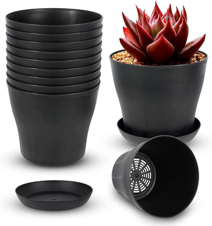 Tutuviw 4 inch Plant Pots,Plastic Planters with Drainage Holes and Saucers for Flowers Plants, Succulents,Seed Starting Pots, Black，8Pack 4inch-Black