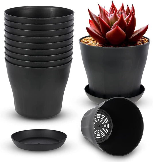 Tutuviw 4 inch Plant Pots,Plastic Planters with Drainage Holes and Saucers for Flowers Plants, Succulents,Seed Starting Pots, Black，8Pack 4inch-Black