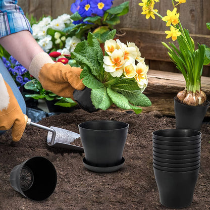Tutuviw 4 inch Plant Pots,Plastic Planters with Drainage Holes and Saucers for Flowers Plants, Succulents,Seed Starting Pots, Black，8Pack 4inch-Black