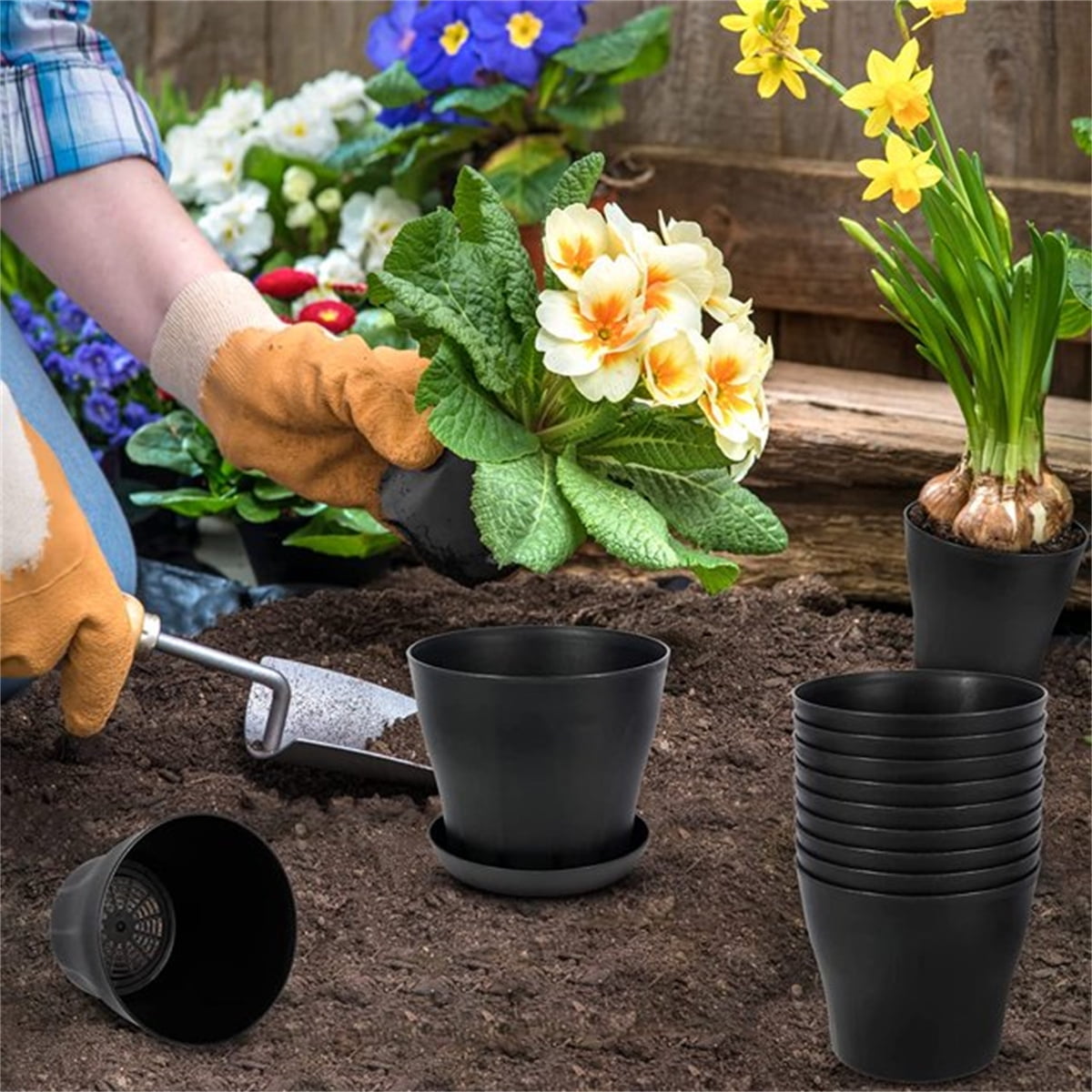Pots for Plants, 8 Pack 4.8 inch Plastic Planters with Multiple Drainage Holes and Trays - Plant Pots for All Home Garden Flowers Succulents (White) 4inch-Black1