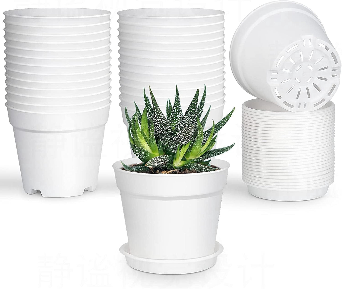 Pots for Plants, 8 Pack 4.8 inch Plastic Planters with Multiple Drainage Holes and Trays - Plant Pots for All Home Garden Flowers Succulents (White) 4inch-White