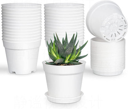 Pots for Plants, 8 Pack 4.8 inch Plastic Planters with Multiple Drainage Holes and Trays - Plant Pots for All Home Garden Flowers Succulents (White) 4inch-White